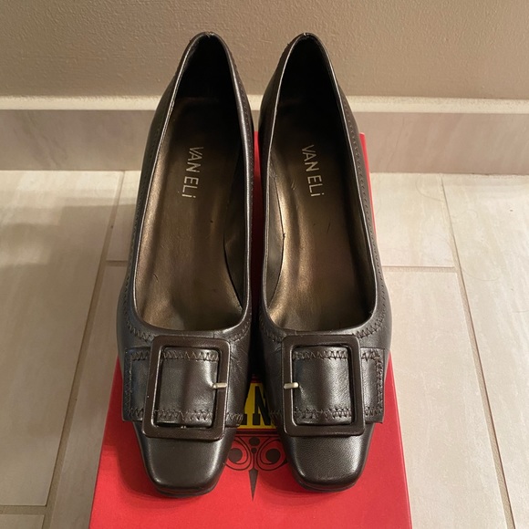 Vaneli Shoes - Vaneli Brown Leather Kitten Heels with Buckles